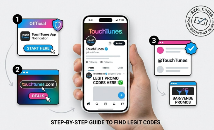 A local venue promotion showing a physical sign with a location-specific TouchTunes discount code